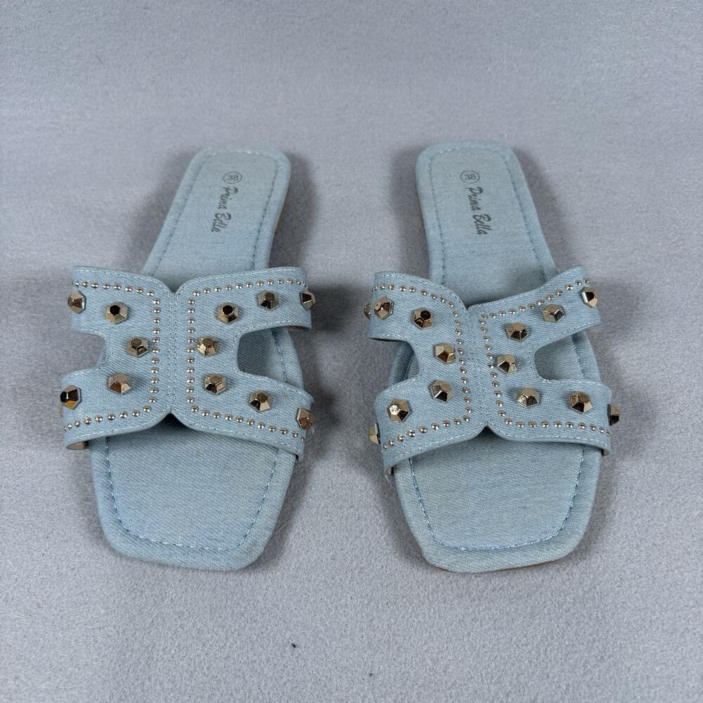 Prima Bella Women's Light Blue Denim Studded H-Band Slide Sandals 38